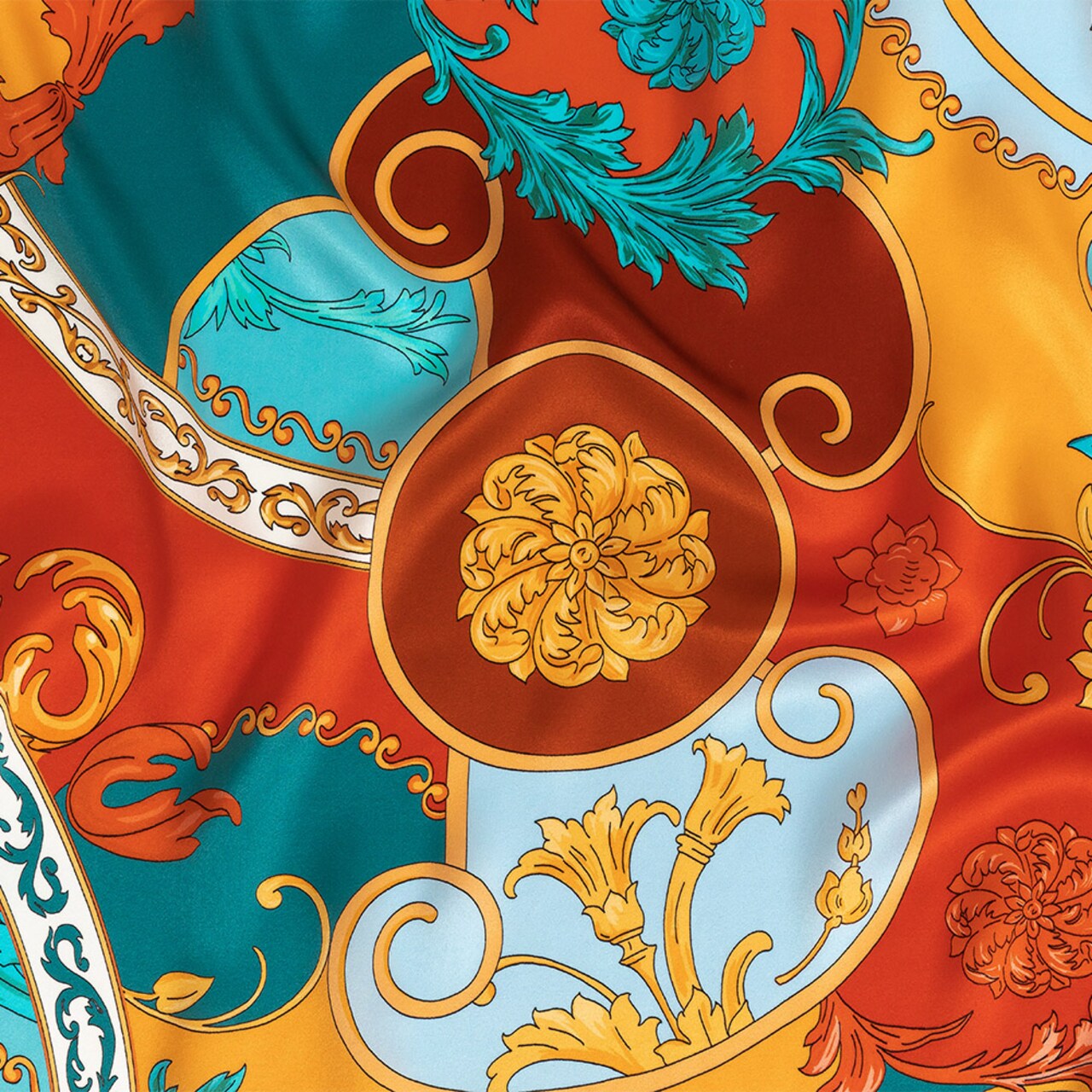 1 Yard Italian Ornate Silk Charmeuse Fabric Rust Orange & Aqua Print 53" Inches Wide